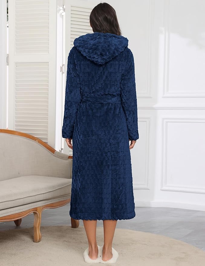 Ekouaer Womens Plush Robes Long Soft Jacquard Fluffy Bathrobe Hooded Robe Sleepwear with Pockets