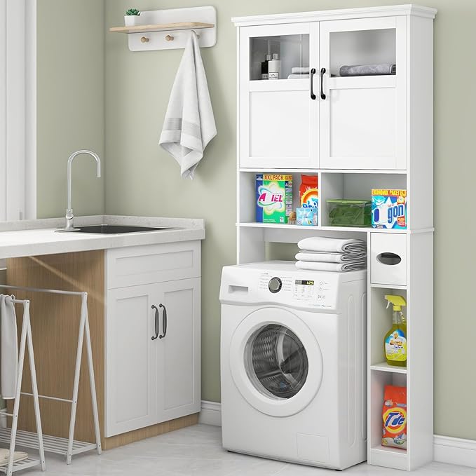 Vabches Freestanding Toilet Storage Cabinet with Double Doors, Shelf Space Saver, Anti-Tip Design & Adjustable Shelf, White