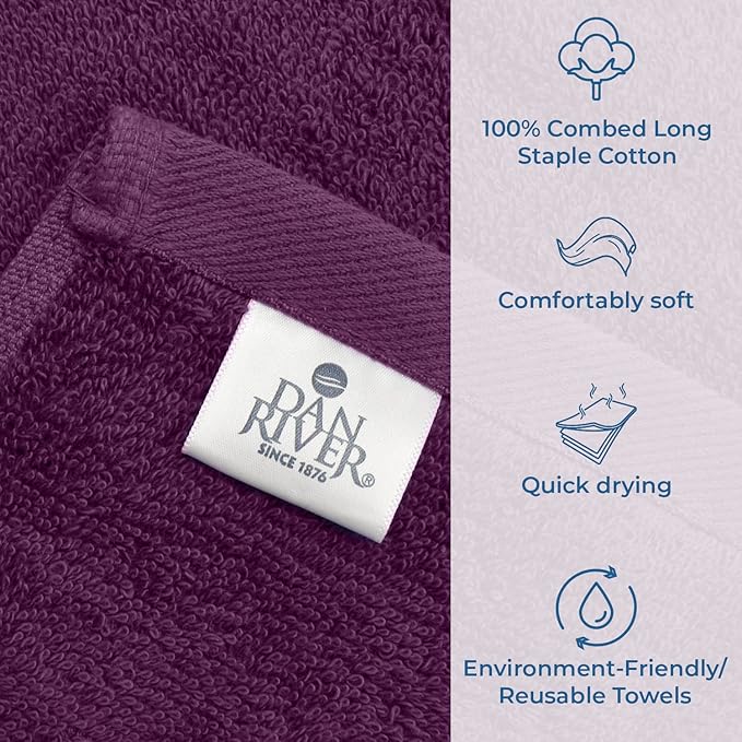 DAN RIVER Bath Towels Set of 4, 27 x 54 Inches, 100% Cotton, Larger & Lighter Weight, Quicker to Dry, Super Soft and Absorbent, Ideal Quick Dry Bath Towel for Daily Use, Purple