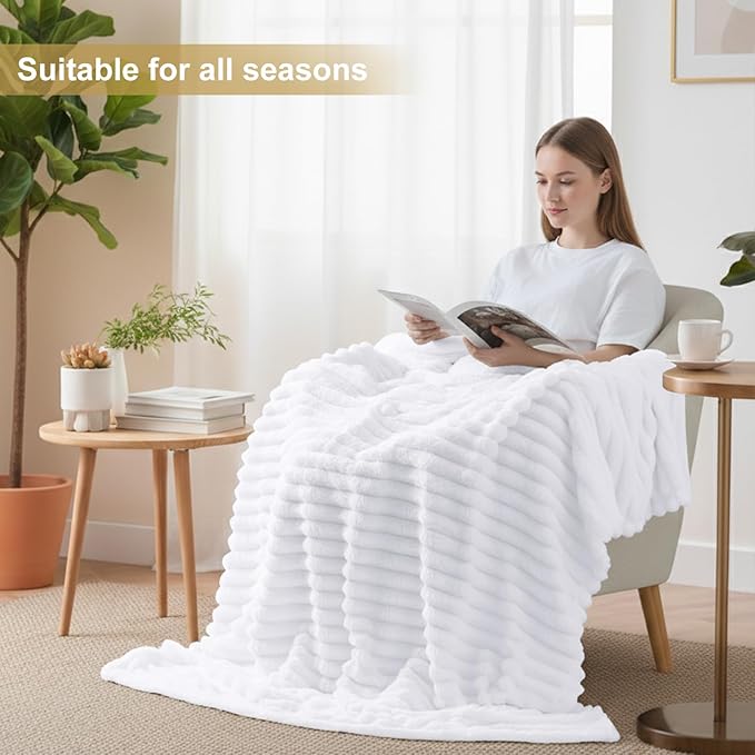 decorUhome Christmas Soft Fleece White Twin Blanket for Bed, Cozy Fluffy Plush Flannel Striped Throws for Couch Sofa, Lightweight Decorative Ribbed Fuzzy Blanket for Woman, 60x80 Inches