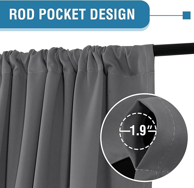 H.VERSAILTEX 100% Blackout Curtains for Bedroom Thermal Insulated Blackout Curtains 108 Inches Long Rod Pocket/Clip Rings Curtains for Living Room with Black Liner 2 Panels, Grey