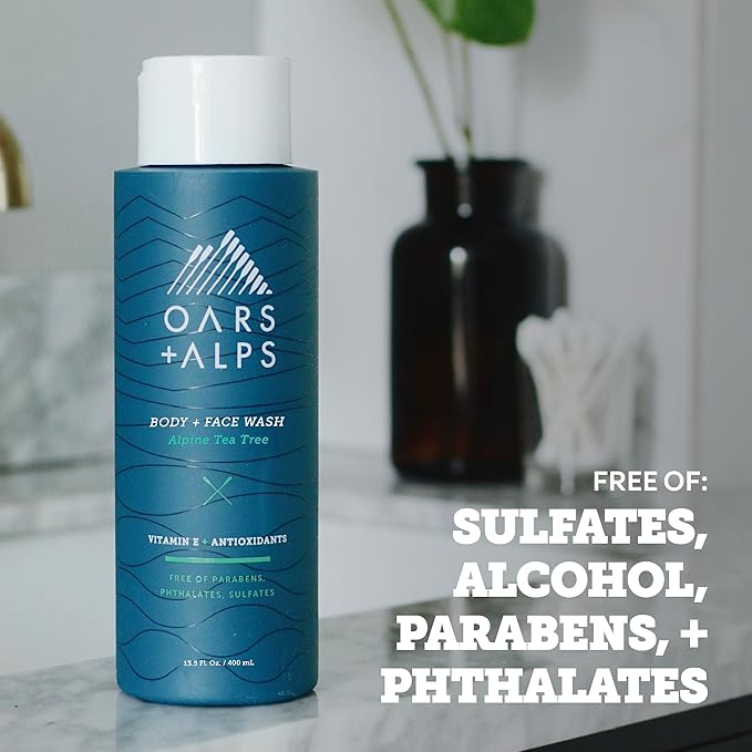 Oars + Alps Men's Moisturizing Body and Face Wash, Skin Care Infused with Vitamin E and Antioxidants, Sulfate Free, Alpine Tea Tree, 1 Pack