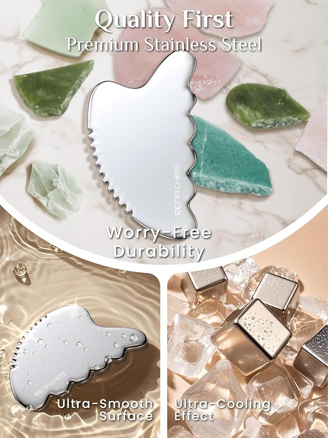 Rena Chris Body Gua Sha Tools, Stainless Steel Guasha Tool, Manual Massage Sticks for Jawline Sculpting and Puffiness Reducing, Whole Body Skin Care Massager (Silver)