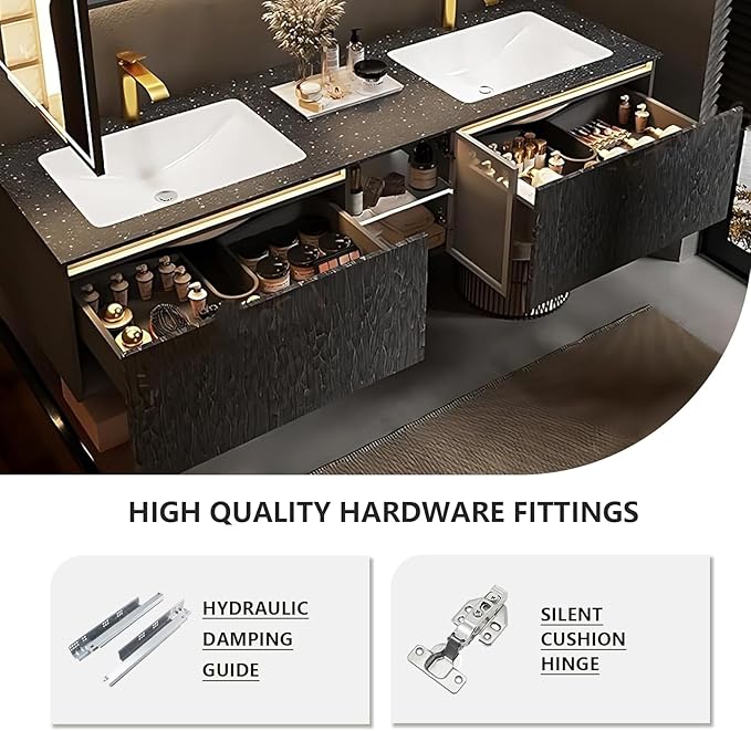 80" Double Bathroom Sink Vanity, Modern Bathroom Vanity Includes LED Smart Defogging Mirror Cabinet & Semi-Open Storage & Ceramic Basin, Floating Bathroom Cabinet with Sensor Light (Dark Brown)