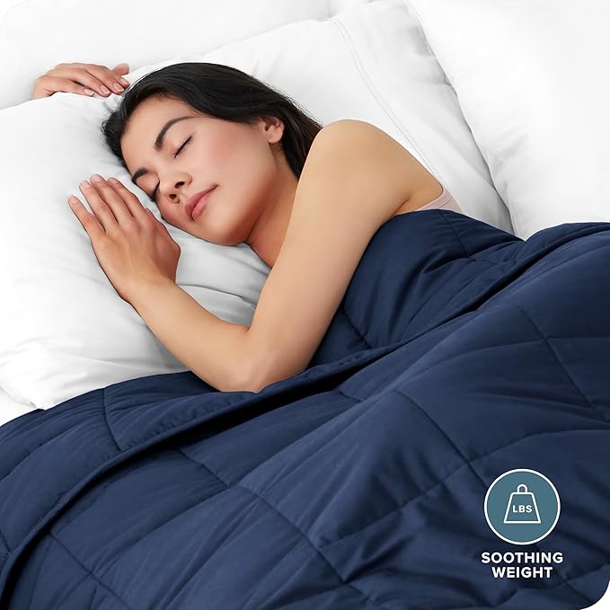 Bare Home Weighted Blanket All-Natural 100% Cotton with Nontoxic Glass Beads 80"x87" 25lbs, Dark Blue