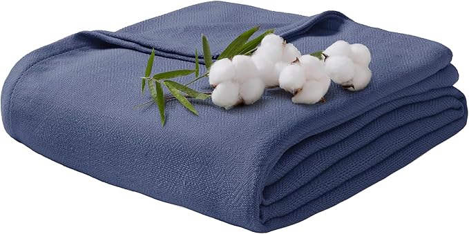 Twin Size Blanket, 70% Rayon (Derived from Bamboo) and 30% Cotton, Lightweight Jacquard Weave, Breathable and Soft Summer Blanket for Bed or Couch, 66” x 90”, Navy