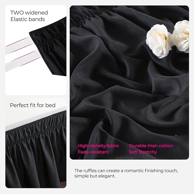 RIMELA Black Bed Skirt King Size 18 Inch Drop, Elastic Bed Skirting for Bed Base and Frame, Bedding Dust Ruffle Easy to Install, Lightweight Wrap Around Adjustable Bedskirt