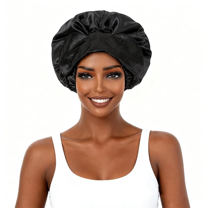 Black Satin Bonnet for Sleeping Women Adjustable Silk Hair Bonnet for Natural & Curly Hair Soft Satin Lined Bonnet Double Layer with Elastic Band Silk Sleep Cap