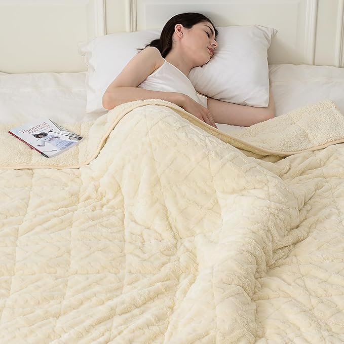 Topblan Weighted Blanket Queen Size 15lbs, Adult Weighted Blankets with Cozy Warm Sherpa for Sleeping and Calming, Jacquard Heavy Blanket for Couch Bed, Beige, 60 x 80 inches