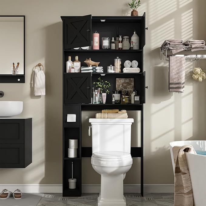 Over The Toilet Storage Cabinet, Farmhouse Storage Cabinet Over Toilet with 4 Barn Doors & Toilet Paper Holder Stand, Black Toilet Shelf Home Space Saver for Restroom, Bathroom, Laundry