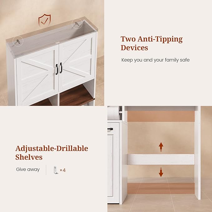 Farmhouse Over The Toilet Storage Cabinet with Pulley Small Bathroom Storage Cabinet, Space Saver W/Adjustable Shelf & Open Shelf for Bathroom, Restroom, Laundry (White Brown-Type B)