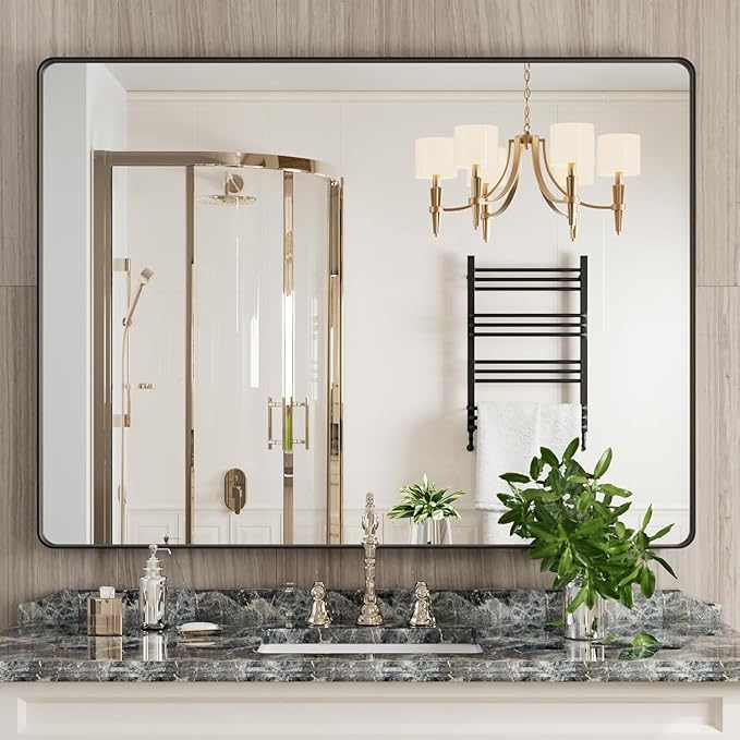 Black Bathroom Mirror 48X36 Inch, Black Metal Framed Mirror for Wall, Rounded Rectangle Matte Bathroom Vanity Mirror with Tempered Glass, Anti-Rust, Horizontal/Vertical