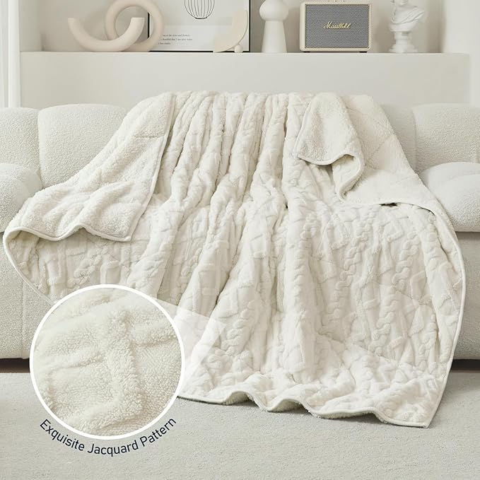 Wemore Weighted Blanket for Adults Twin Size 15 lbs, Dual Sided Soft Fuzzy Jacquard Sherpa Weighted Blankets for Sleeping, Cozy Fluffy Knitted Heavy Blanket for Couch Bed, Cream White, 48 x 72 inches