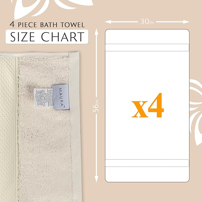 MAURA Ivory Extra Large Turkish Cotton Luxury Bath Towels Set of 4. Ultra-Soft, Thick & Plush Towels for Bathroom - Cream