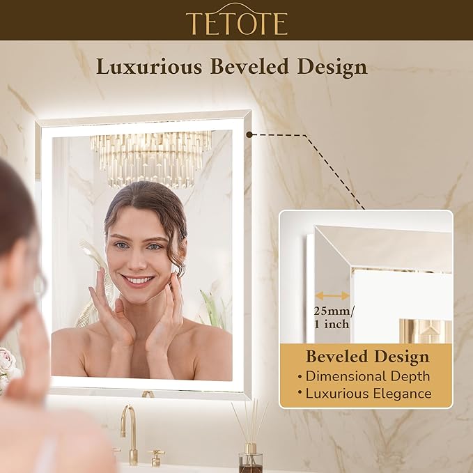TETOTE 42 x 36 Inch Led Lighted Bathroom Mirror with Lights, Beveled Front and Backlit Extra-Bright Light up Mirror for Bathroom Wall, 3-Color Dimmable, Defogging, Tempered Glass, Waterproof