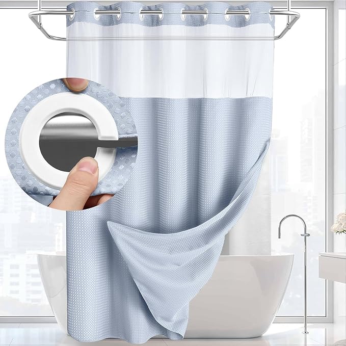 YellyHommy No Hook Shower Curtain with Snap in Liner Set Less Time Waffle Shower Curtain for Bathroom (Mist Blue, 81" L x 72" W)