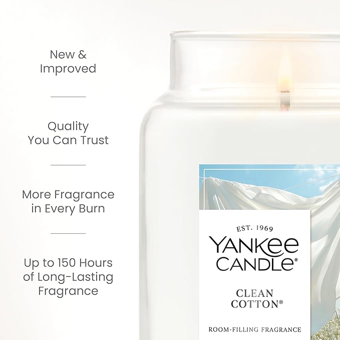 Yankee Candle Clean Cotton Scented Candle, 22oz Large Jar with up to 150 Hour Burn Time, Giftable, Birthdays