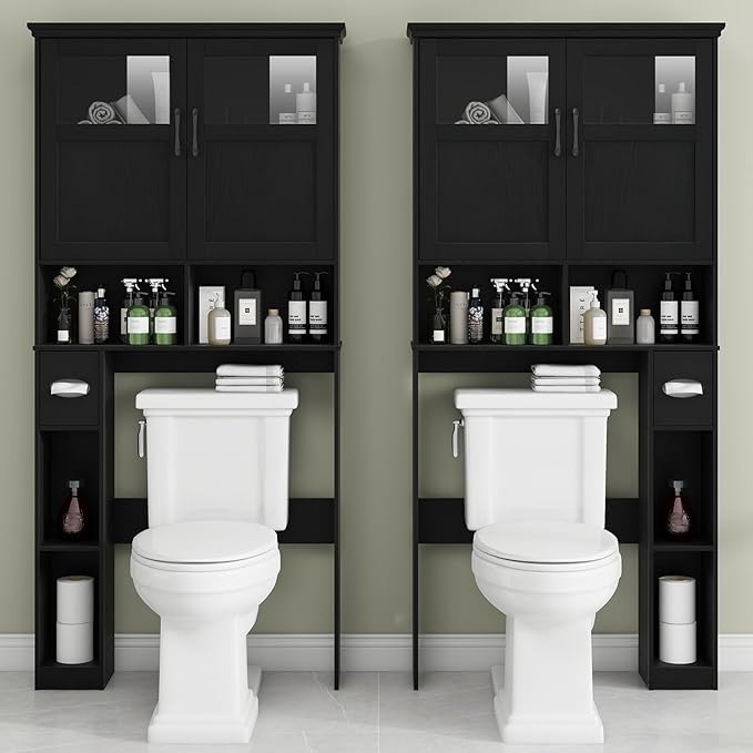 Vabches Over The Toilet Storage Cabinet, Storage Cabinet Over Toilet with Double Doors & Toilet Paper Holder Stand, Freestanding Toilet Shelf Space Saver with Anti-Tip Design & Adjustable Shelf, Black