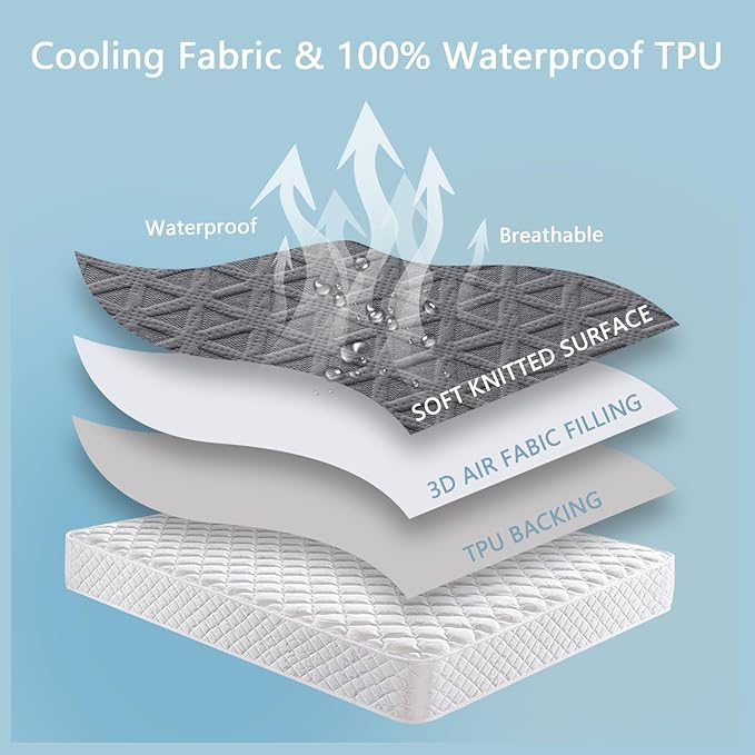 Premium Waterproof Mattress Protector Twin Size, Breathable Bed Cover 3D Air Fabric Cooling Mattress Pad Cover Smooth Soft Noiseless Washable, 8''-21'' Deep Pocket (Gray)