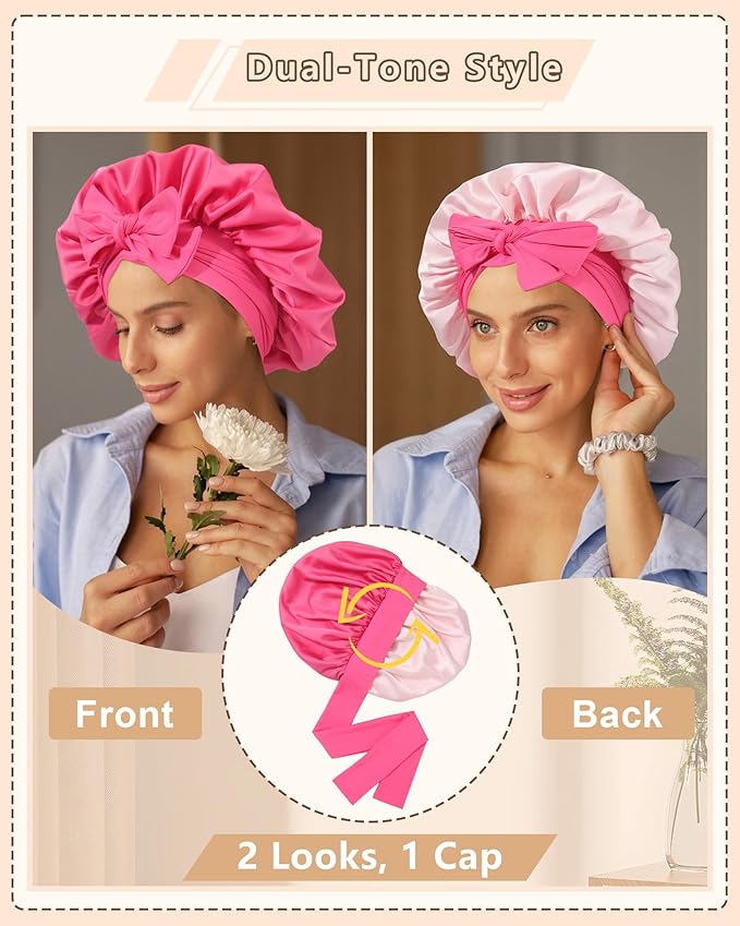 AWAYTR Women Satin Bonnet for Sleeping - Double Layer Silk Hair Bonnet with Elastic Tie Band for Braids Curly Hair