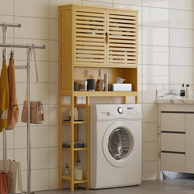 Over The Toilet Storage Cabinet, Bamboo Storage Cabinet Over Toilet with Double Doors & Open Shelves, Freestanding Toilet Shelf Space Saver with Anti-Tip Design, Natural