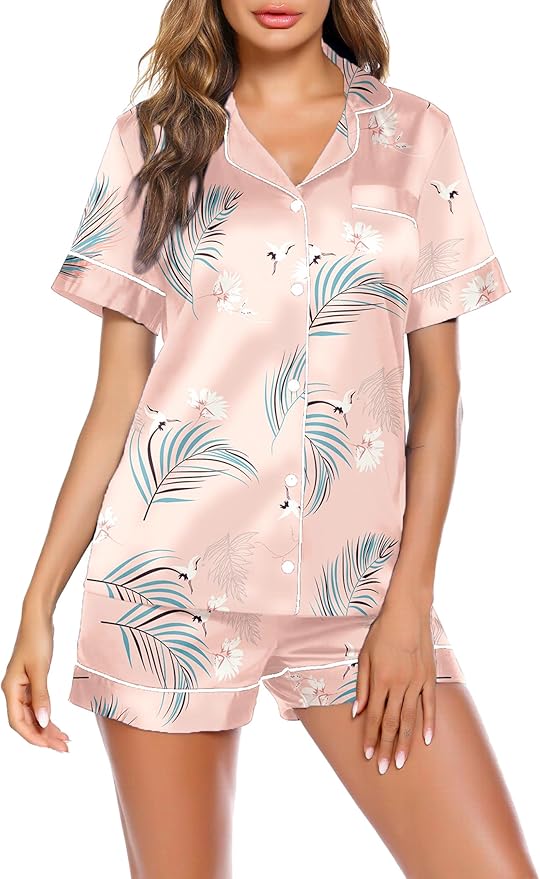 Ekouaer Pajamas for Women Set Silk Satin Pjs Shorts Sleepwear 2 Piece Loungewear S-XXL