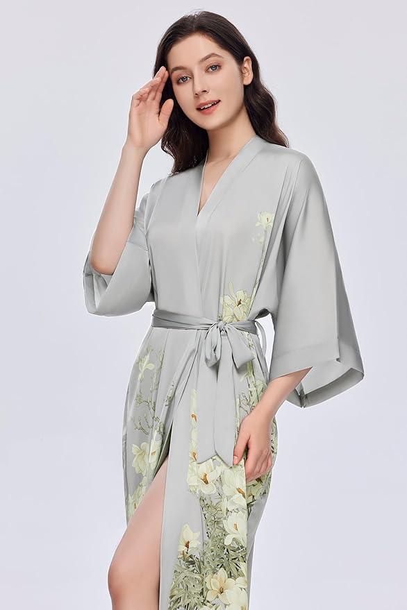 PRODESIGN Kimono Robe for Women - Long Satin Sleepwear Silky Kimono Cover-Up Nightgown Japanese Bathrobe Loungewear Blouse