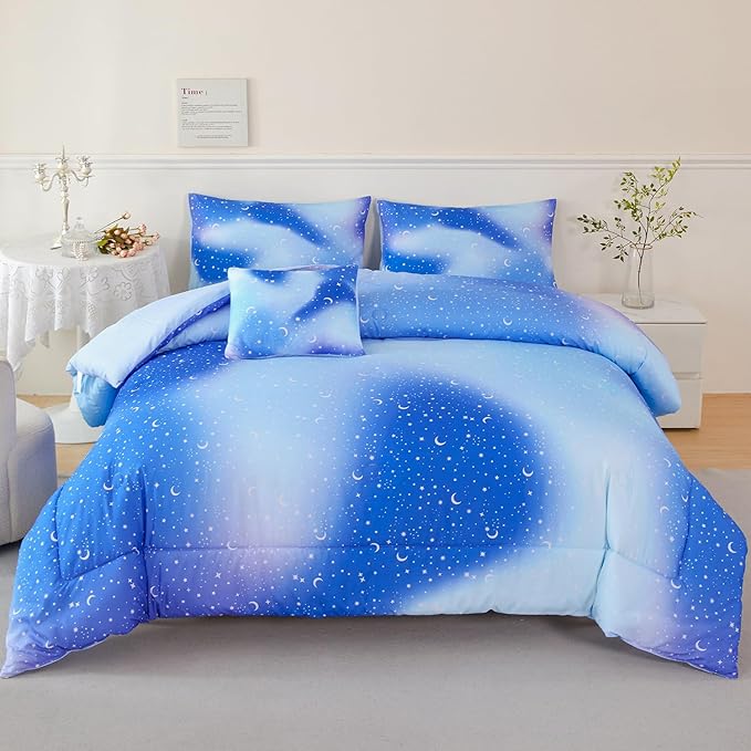 URBONUR 6Pcs Gradient Glitter Comforter Set for Girls Queen Size Blue Galaxy Kids Bedding Set for Boys Comforter Sets Soft Bed in A Bag Queen (Ombre Blue)