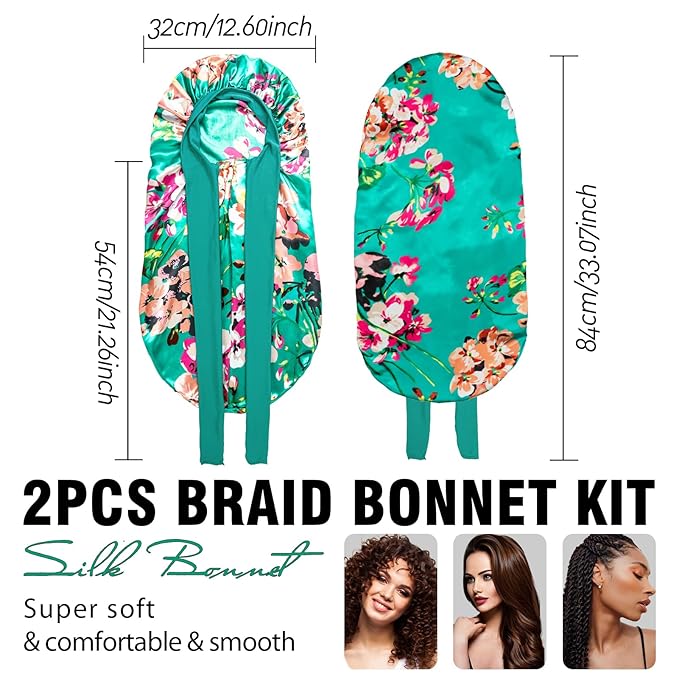 2Pcs Bonnets for Black Women Braid Bonnet, Large Long Satin Bonnet for Braids, Silk Bonnet with Stretchy Tie Band Sleep Cap Hair (2Pcs-Black&Printing Flower)