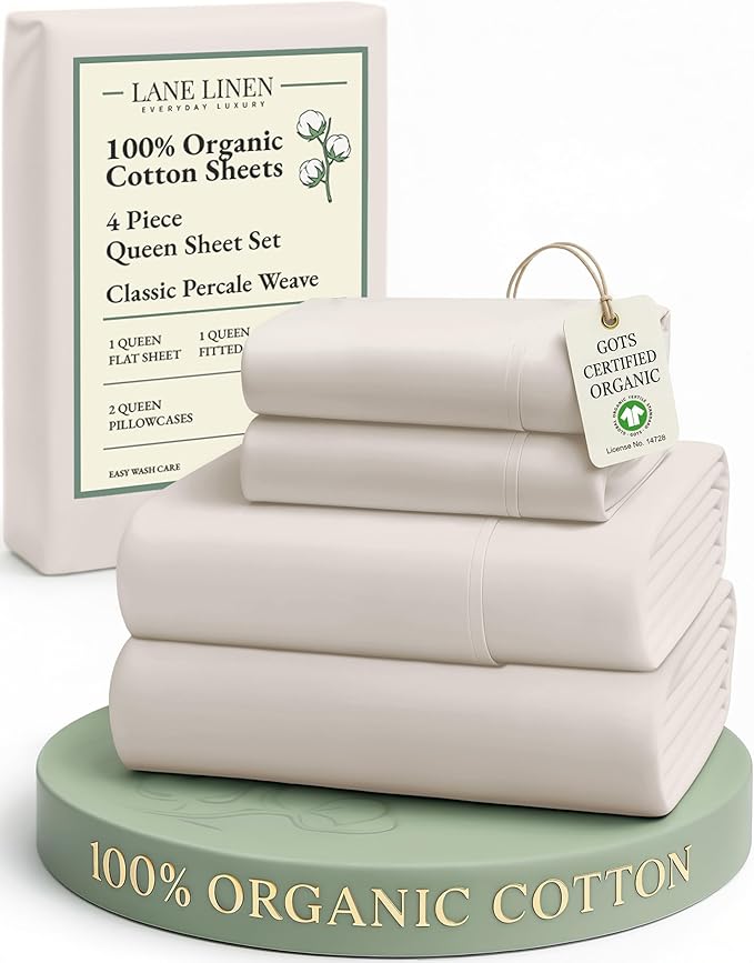 LANE LINEN 100% Organic Cotton Queen Sheet Set, 4Pc Cotton Sheets Queen Size Bed Set, Soft Percale Weave, Deep Pocket Queen Sheets, Hotel-Quality Bed Sheets Queen Size - Glacier Grey