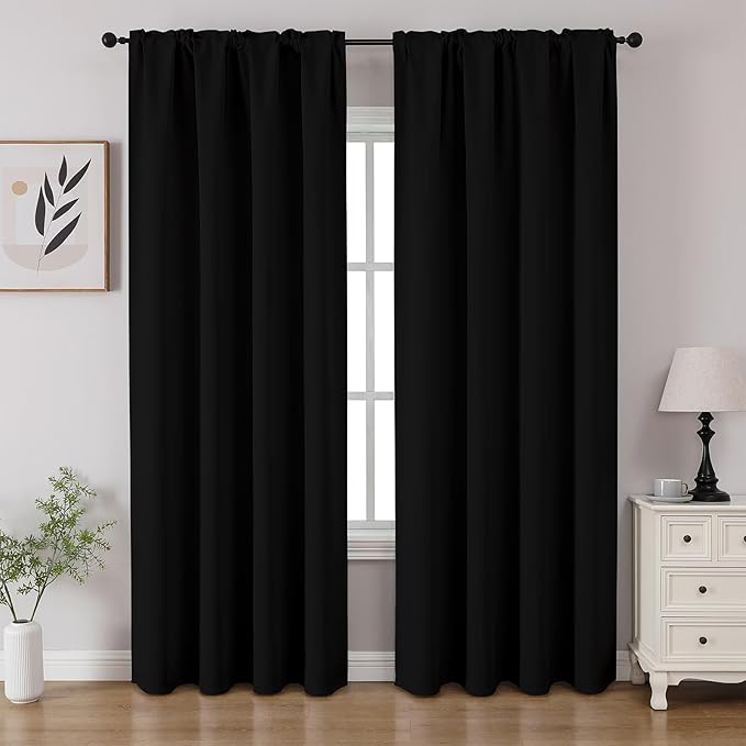 CUCRAF Black Blackout Curtains 90 inch Length 2 Panels Set, Rod Pocket Room Darkening Drapes for Bedroom Living Room, Insulated Thermal Light Blocking Window Curtain (W52 x L90 Inch)