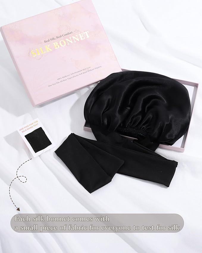 100% Mulberry Silk Bonnet for Sleeping Women Double Layer Silk Hair Bonnet Natural Silk Sleep Cap with Elastic Reversible Hair Wrap (Black+Green)