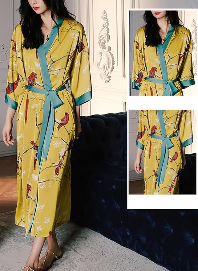 Silk Satin Robe for Women Long Japanese Kimono Robe Lightweight Soft Bathrobe Floral Luxury Dressing Gown