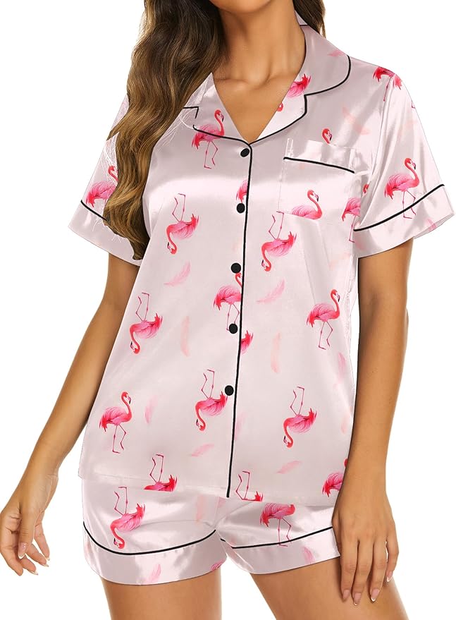 Ekouaer Pajamas for Women Set Silk Satin Pjs Shorts Sleepwear 2 Piece Loungewear S-XXL