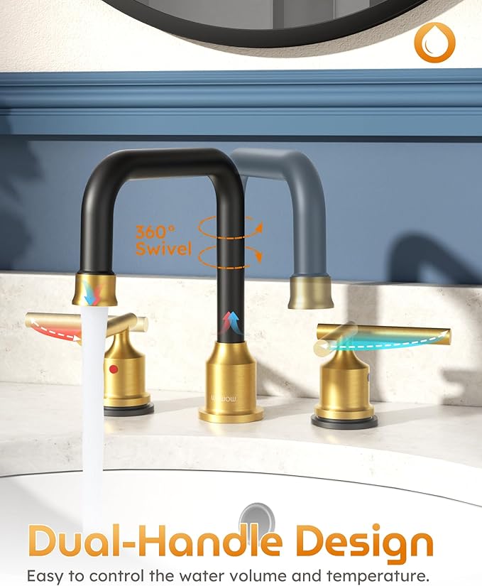 Black and Gold Bathroom Faucet: WOWOW Widespread Bathroom Sink Faucet 3 Hole with Pop-up Drain and Supply Lines, 8 Inch Vanity Taps 3 Pieces Basin Tap 2 Handle Modern (2 Pack)