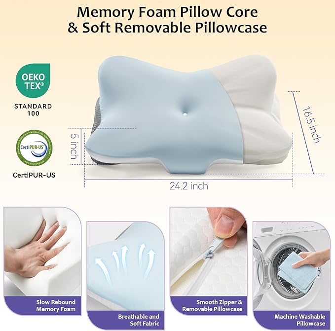 Cervical Pillow for Neck and Shoulder,Contour Memory Foam Pillows,Ergonomic Neck Support Pillow for Pain Relief, Side Back Stomach Sleepers with Pillowcase
