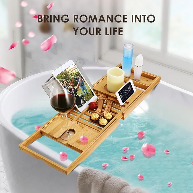 Premium Bamboo Bathtub Tray Caddy, Bath Tub Trays Table for Bathtub, Expandable Bath Caddy Tray, Bathtub & Bathroom Accessories for New Home, Anniversary and Wedding Gifts for Couple