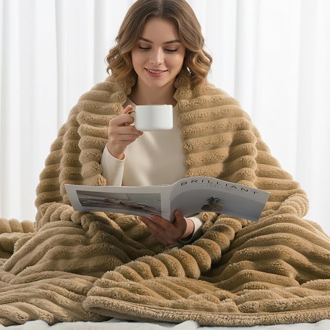 decorUhome Christmas Soft Fleece Brown Blanket Queen Size for Bed, Cozy Fluffy Plush Flannel Large Striped Throws for Couch Sofa, Lightweight Decorative Fuzzy Blanket for Woman, 90x90 Inches