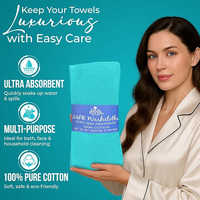 DAN RIVER 100% Cotton Wash Cloths 24 Pack [12x12] Soft & Absorbent Bath washcloths, Gym, Hotels & Spa Perfect for Everyday Use Fingertip Towels, Turquoise