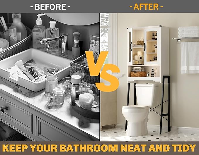 Over The Toilet Storage Cabinet with Tempered Glass Doors & Metal Stand, Over Toilet Organizer with Adjustable Shelf Space Saver Over Toilet , Tall Freestanding Shelf/Rack for Bathroom, Modern, White