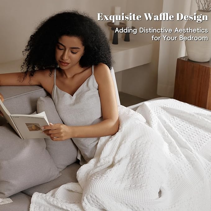 PHF 100% Cotton Waffle Weave Blanket King Size for Bed, Soft Lightweight & Breathable, All-Season Comfort, Luxury Aesthetic Woven Bedding for Home Decor, 108"x90", White