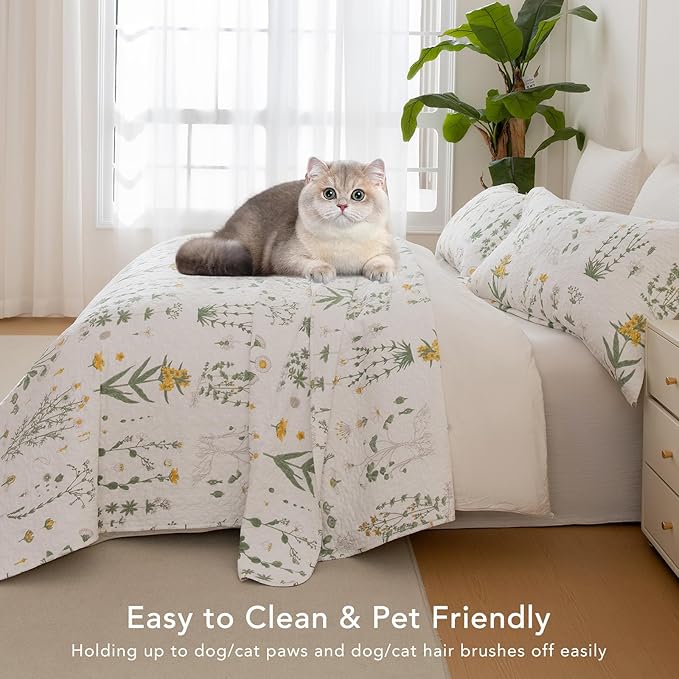 Lady Ann Oversized King Bedspreads 128x120, Cotton California King Quilt Bedding Set, Yellow Floral & Green Leaves Pattern Printed Cottagecore Coverlet Set Shabby and Chic Bedspread, 3 Pcs