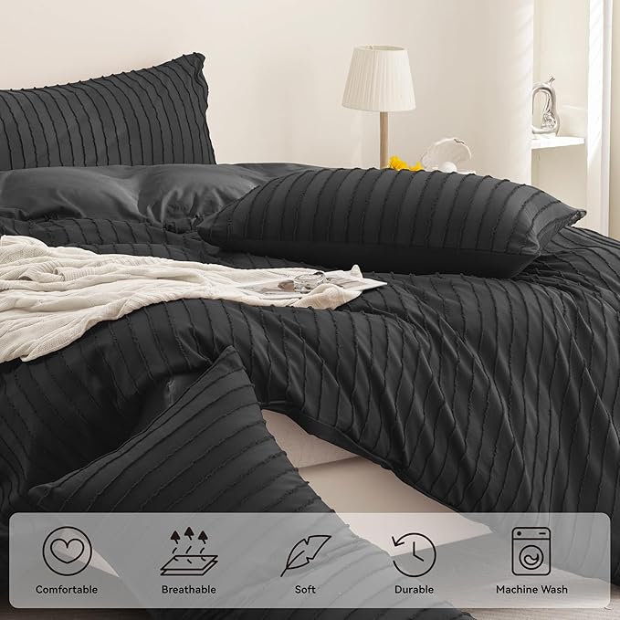 JELLYMONI Duvet Cover Queen Size Black - 3PCS Boho Striped Duvet Cover Set Polyester Tufted Bohemian Textured Comforter Cover with Corner Ties & Zipper Closure