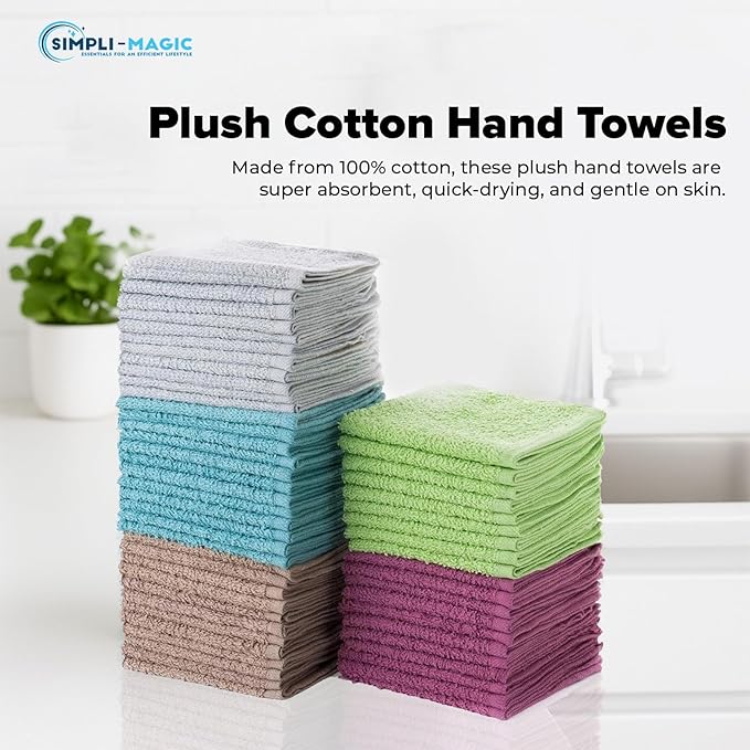Simpli-Magic Cotton Wash Cloths 12"x12" (50 Pack) – Highly Absorbent Soft Towels for Bathroom – Commercial Terry Washcloth for Face, Hand, Bath, Kitchen, Gym & Hotel (Multicolor)