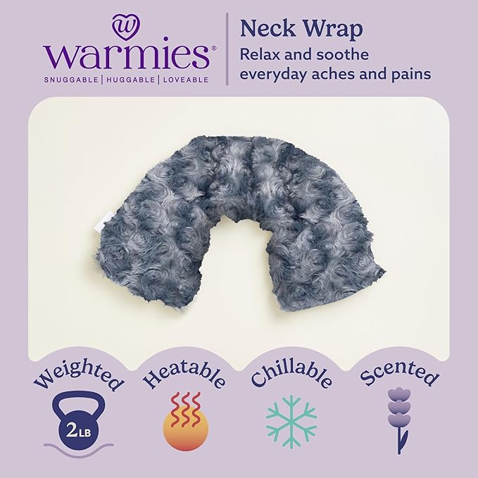 warmies Microwavable Neck & Shoulder Wrap - Heating & Cooling Plush Pad for Calming Relaxation - Weighted & Heated Neck Warmer with Scented Lavender - Microwave Heat Pad for Aches & Pain - Curly Gray