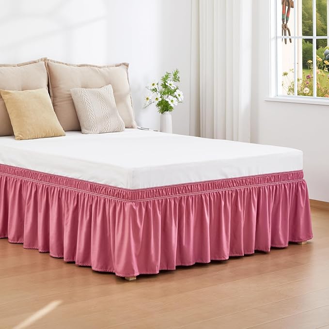RIMELA Dusty Red Bed Skirt Queen Size 15 Inch Drop, Wrap Around Elastic Bedskirt, Dust Ruffle for Adjustable Bed Base Machine Washable Easy to Install Bed Skirts