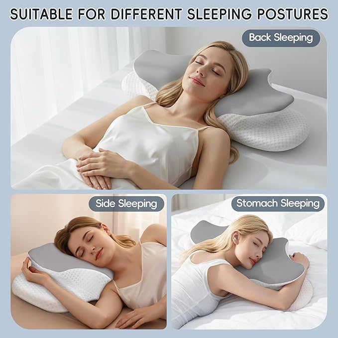 Cervical Neck Pillow for Pain Relief, Ergonomic Contour Pillow for Sleeping, 2 Heights Cooling Pillow for Neck and Shoulder Support, Memory Foam Orthopedic Pillow for Side Back Stomach Sleepers Grey