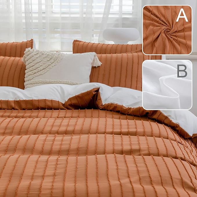 JELLYMONI Duvet Cover King Size Rust and White - 3PCS Boho Striped Duvet Cover Set Polyester Tufted Bohemian Textured Comforter Cover with Corner Ties & Zipper Closure