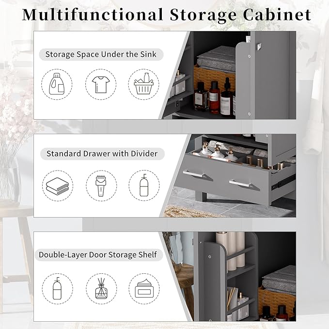 24" Bathroom Vanity with Sink Combo Set, Solid Wood Frame Bathroom Storage Cabinet with 2 Drawers and 1 Drawer, Double-layer Door Shelf, Soft Closing Cabinet Door with Organizer,Grey