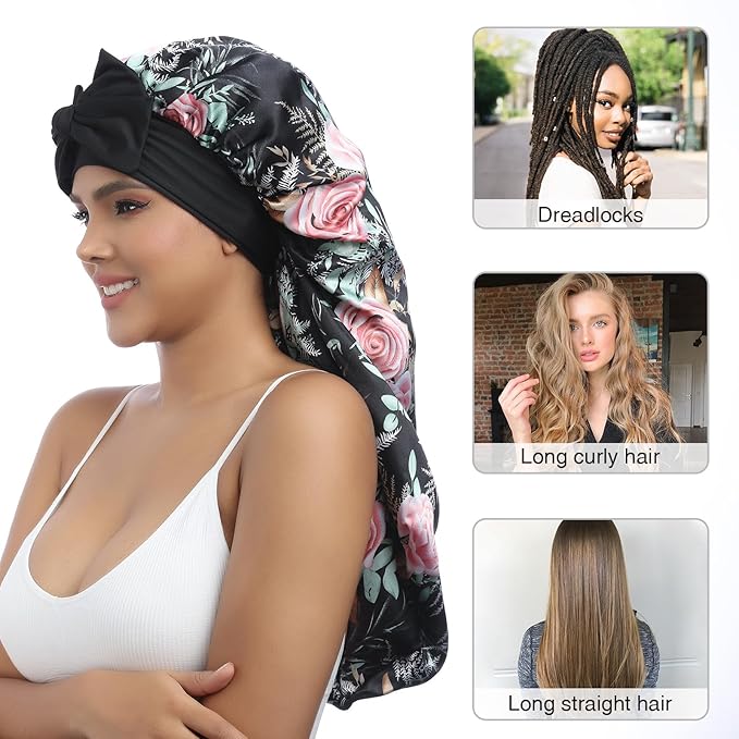 AWAYTR Long Satin Bonnet for Women - Double Layer Elastic Silk Bonnet for Braids Hair Sleeping Cap with Tie Band (Flower B)